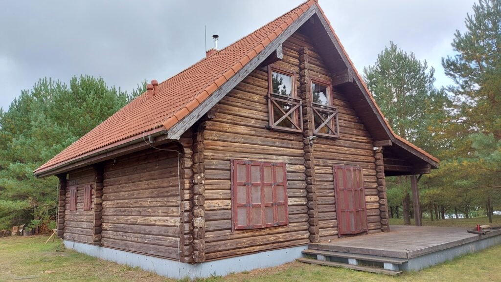 Nedažyti rąstai po paviršiaus apžiūros, ruošiamasi darbams