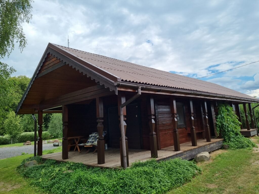 Profesionaliai nudažytas rąstinis fasadas su natūralia medienos faktūra ir apsauga