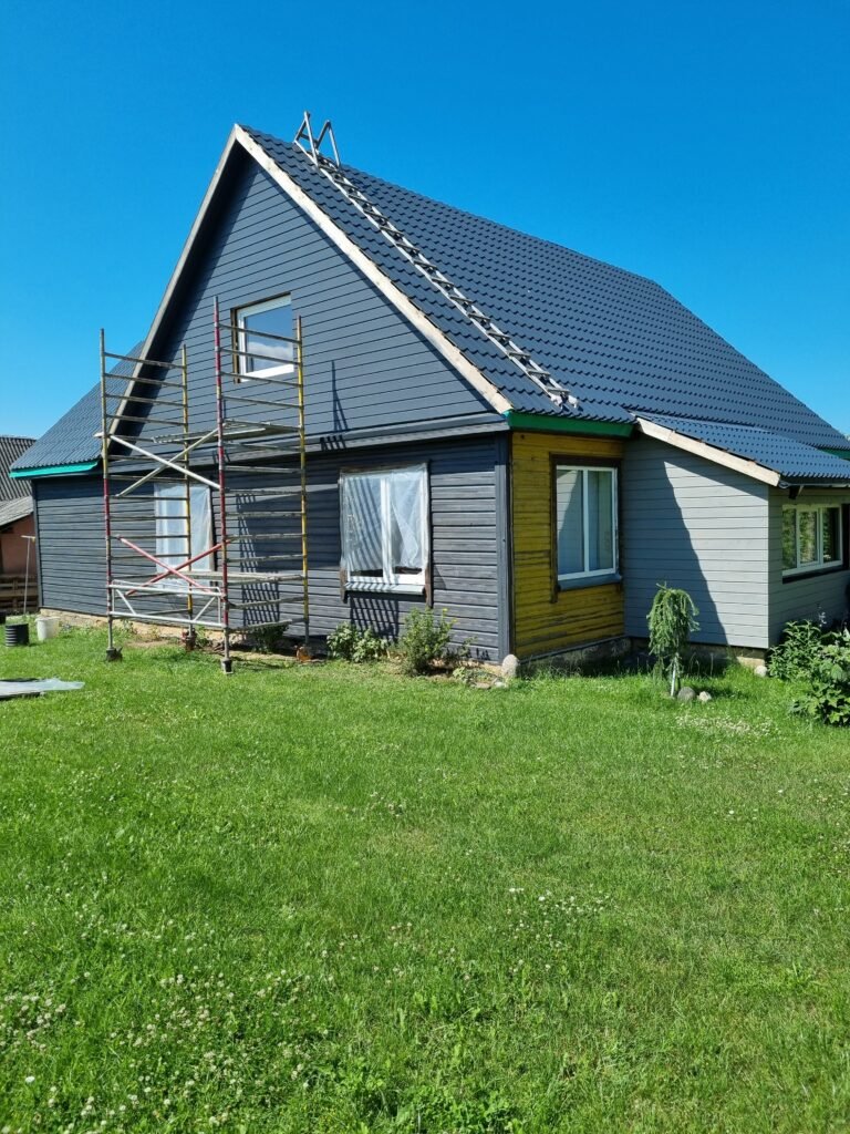 Medinis namas ruošiamas darbams, paviršiaus dalis nugruntuota ir jau nudažyta